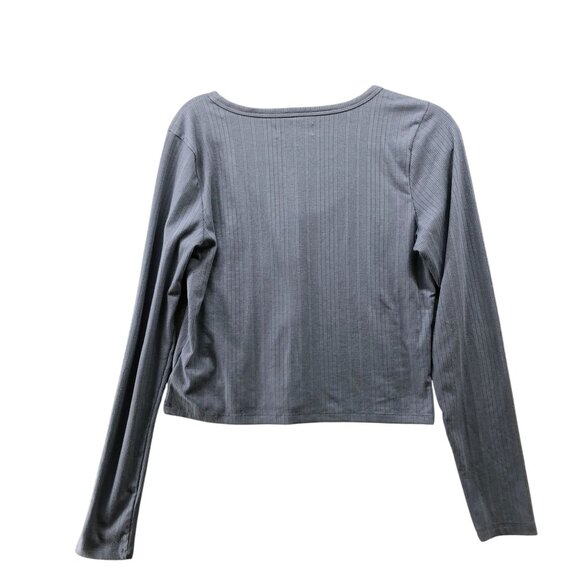 Hollister Long Sleeve Cropped T Shirt Womens L Blue Scoop Neck Button Front Knit - Picture 2 of 8